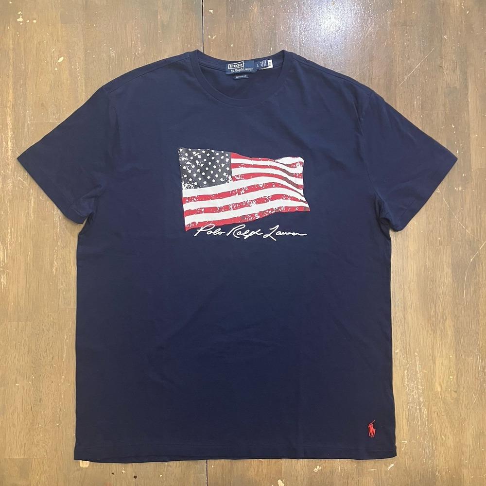 Polo Ralph Lauren‎ T-Shirt American Flag Jersey Tee Graphic Men's Large Blue